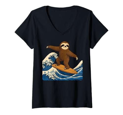 Damen Faultier Surfen Japanische Welle T-Shirt mit V-Ausschnitt von Faultier Surfer Große Welle Anime Kawaii Ästhetik