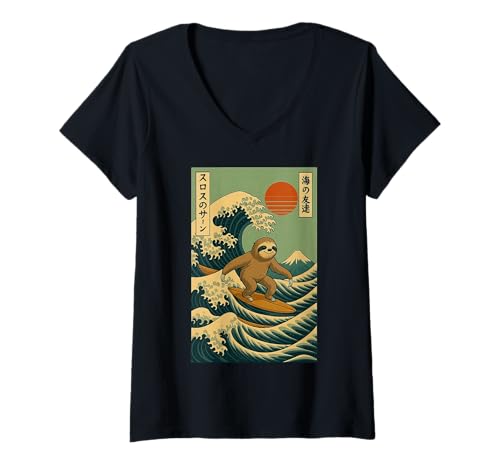 Damen Faultier Surfen Japanische Welle T-Shirt mit V-Ausschnitt von Faultier Surfer Große Welle Anime Kawaii Ästhetik
