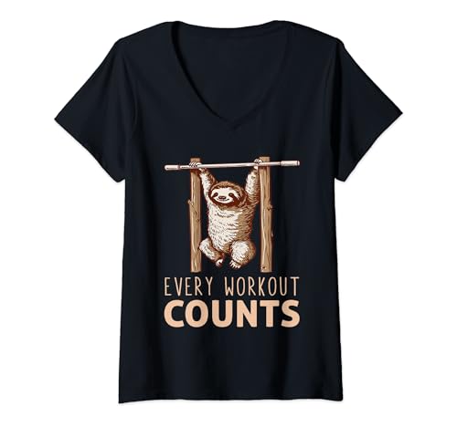 Damen Every Workout Counts Pull-up Sloth Klimmzug Faultier T-Shirt mit V-Ausschnitt von Faultier beim Sport Faultier macht Klimmzug
