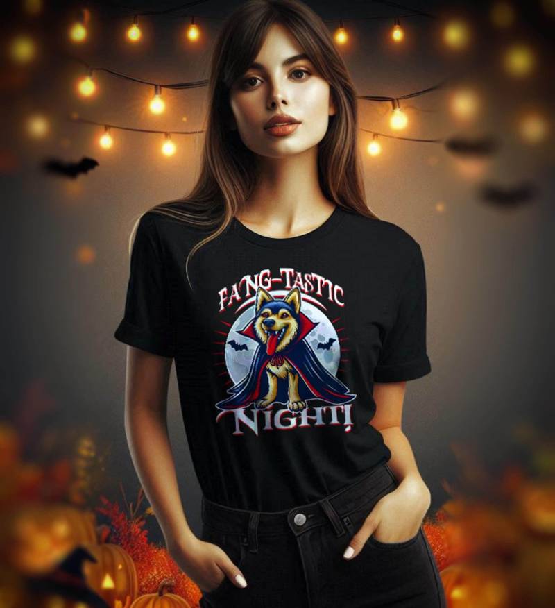 Fang-Tastic Night - Der Vampirhund Auf Nächtlicher Halloween Jagd Premium Shirt von FaunaFeels