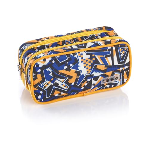 Favorit Federmäppchen für die Schule, großes Federmäppchen mit 2 Fächern, geometrischer Druck in Blau und Gelb, 22 x 10 x 10 cm, mit 2 Reißverschlüssen von Favorit