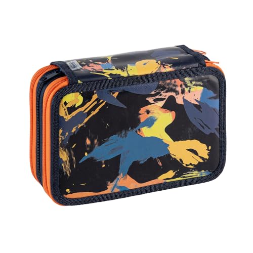 Favorit Federmäppchen mit 3 Fächern, für die Schule, mit Schreibwaren, 20 x 13 x 7,5 cm, Camouflage, Schwarz von Favorit