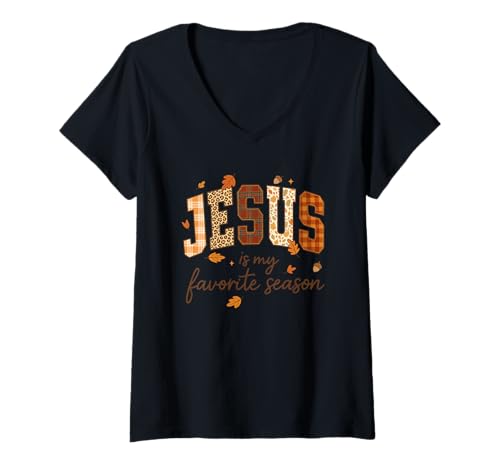 Damen Jesus is My Favorite Season Fall Christian Leopard Plaid T-Shirt mit V-Ausschnitt Damen Jesus is My Favorite Season Fall Christian Leopard Plaid T-Shirt mit V-Ausschnitt von Favorite Season Faith Co.