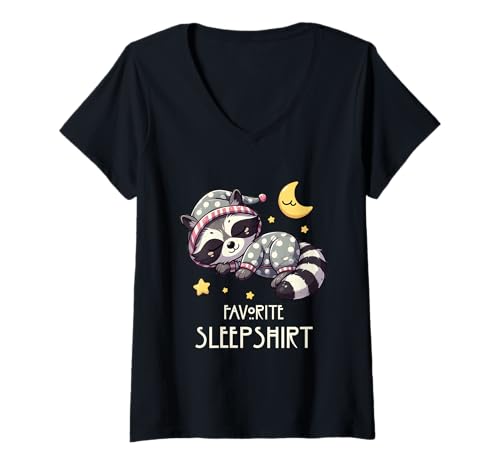 Damen Lieblingsschlafshirt Waschbär Nickerchen Waschbär Pyjama Meme T-Shirt mit V-Ausschnitt von Favorite Sleep Shirt Racoon Napping Raccoon