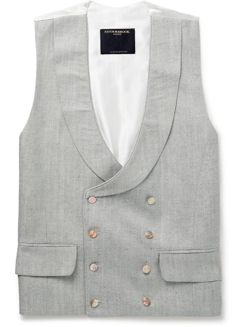 Favourbrook - Randwick Slim-Fit Double-Breasted Herringbone Linen and Silk-Blend and Satin Waistcoat - Men - Green - UK/US 46 von Favourbrook