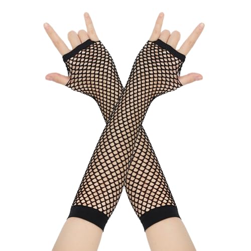 Lang Fischnetz Handschuhe,Netzhandschuhe Lange,Fischnetz Fingerlose Handschuhe,Netzhandschuhe für Damen,Netz-Handstulpen Lang Damen Schwarz One Size,80er Jahre Kostümparty Halloween Kostüm Zubehör von Favson