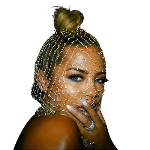 Damen Herren Mesh Strass Kopfkappe Schöne Strasssteinen Gesichtsmaske glitzern Hut Haarband Festival HochzeitStirnband Kopfschmuck Crystal Hair Wraps Schal Tanzparty Kostüm Haarschmuck Haarkette von Faxianther