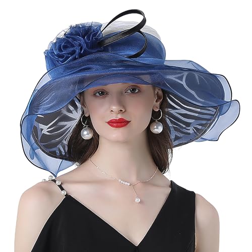 Damen Organzahut Mesh Strand Reise Hut Kirchenhut Tea Party Fascinator Hut Vintage Blume Hochzeit Kappe Brauthut Breite Krempe UV Schutz Sonnenhüte Sommerhut Strandmütze (Blau) von Faxianther