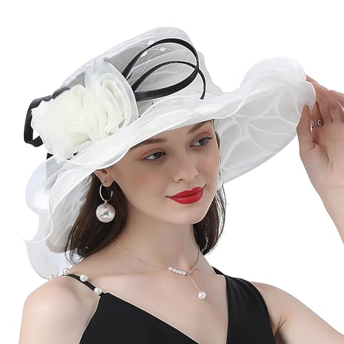 Damen Organzahut Mesh Strand Reise Hut Kirchenhut Tea Party Fascinator Hut Vintage Blume Hochzeit Kappe Brauthut Breite Krempe UV Schutz Sonnenhüte Sommerhut Strandmütze (Weiß) von Faxianther