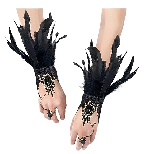 Damen Vintage Handschuh mit Feder und Ring Spitze Fingerlose Lange Handschuhe Hexe Spitzenhandschuhe Priesterin Hahnfeder Kostüm Stickerei Spitze Handschuh für Cosplay Hochzeit Karneval Kostüm Zubehör von Faxianther