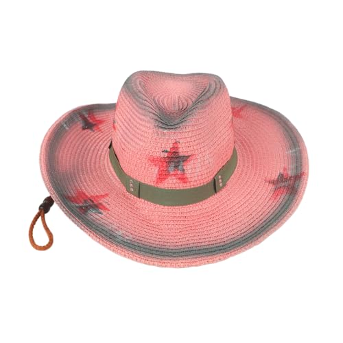 Fashion Unisex Cowboyhut Strohhut Sonnenhut Damen Herren Vintage Westernhut mit Stern Cowgirl-Hut atmungsaktiv Sommerhut Breite Krempe Fedora Hut Fischerhut Strandhut Panama Hut Cowboyhüte (Pink) von Faxianther