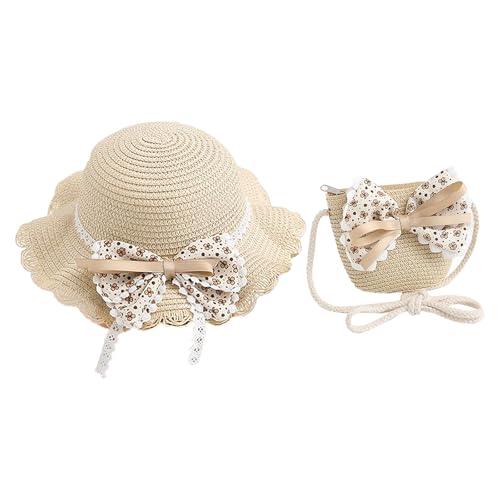 Faxianther Baby Mädchen Strohhut und Kleine Tasche Set Sonnenschutz Mütze mit breiter Krempe Kleinkind Sonnenhut mit Schleife Frühling Sommer Hüte Strand Hut Strandkappe für Urlaub Reise (Beige) von Faxianther