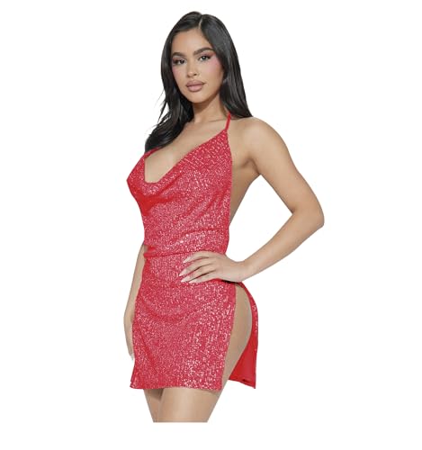 Faxianther Damen Kleider Sexy Rückenfrei Seitenschlitz Pailletten Minikleid Tief V Ausschnitt Partykleid Neckholder Kurz Kleider Sommerkleid Ärmellos Glitzer Clubwear Kleid Glitzerkleid von Faxianther