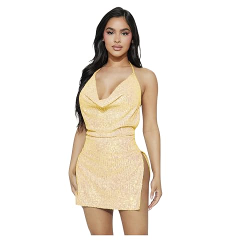 Faxianther Damen Kleider Sexy Rückenfrei Seitenschlitz Pailletten Minikleid Tief V Ausschnitt Partykleid Neckholder Kurz Kleider Sommerkleid Ärmellos Glitzer Clubwear Kleid Glitzerkleid von Faxianther