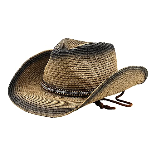 Faxianther Retro Strohhut Herren Damen Fasching Cowboyhut Westernhut Sonnenhut Panamahut Breite Krempe Stroh Hut Strandmütze Kappe Travellerhut Sommerhut mit Futterband von Faxianther