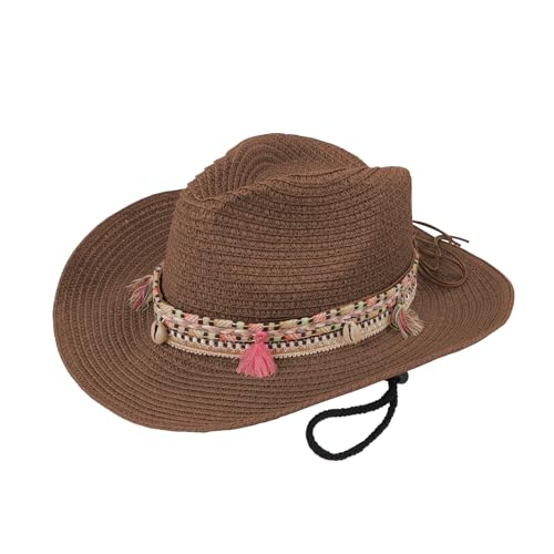 Faxianther Unisex Cowboyhut Strohhut Damen Herren Sonnenhut Sommer Strandhut Panamahut Traveller Hut UV-Schutz Westernhut Mit Quaste Sommerhut Jazz Hut Verstellbare Strandmütze (Kaffee) von Faxianther