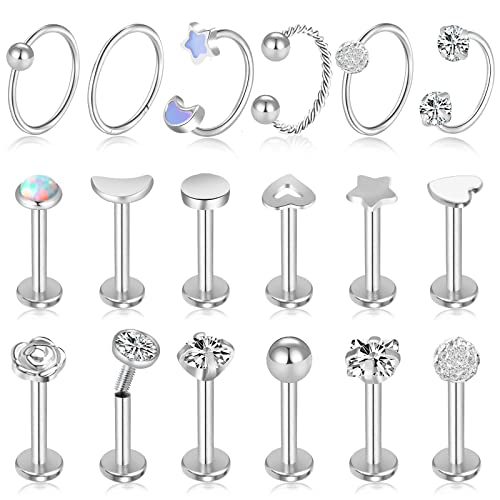 18 Pcs 16G Tragus Earrings for Women Tragus Jewelry Cartilage Earring Tragus Earrings Studs Labret Jewelry Piercing Barbell Lip Studs Stainless Steel von ONESING
