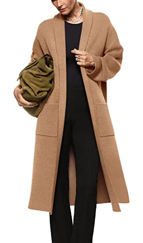 Langärmeliger Maxi-Cardigan für Damen, offene Vorderseite, übergroßer Strickpullover, lässiger Revers, warmer Mantel mit Taschen, camel, L von Fazortev