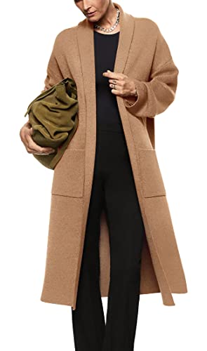 Damen Langarm Maxi Cardigan Open Front Oversized Strickpullover Mantel Casual Revers Warm Mantel mit Taschen, CAMEL, Groß von Fazortev