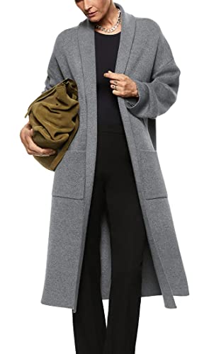 Damen Langarm Maxi Cardigan Open Front Oversized Strickpullover Mantel Casual Revers Warm Mantel mit Taschen, steingrau, Klein von Fazortev