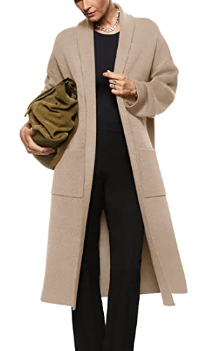 Damen Oversized Langarm Open Front Cardigan Casual Revers Warm Strickpullover Mantel Maxi Overcoat mit Taschen, Beige, Klein von Fazortev