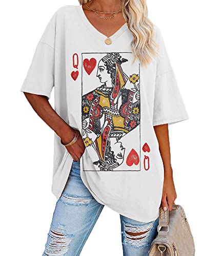 Damen Oversized Queen Of Hearts Graphic T Shirts Casual V-Ausschnitt Halbarm Sommer Loose Tees Tunika Tops, Weiß, Klein von Fazortev