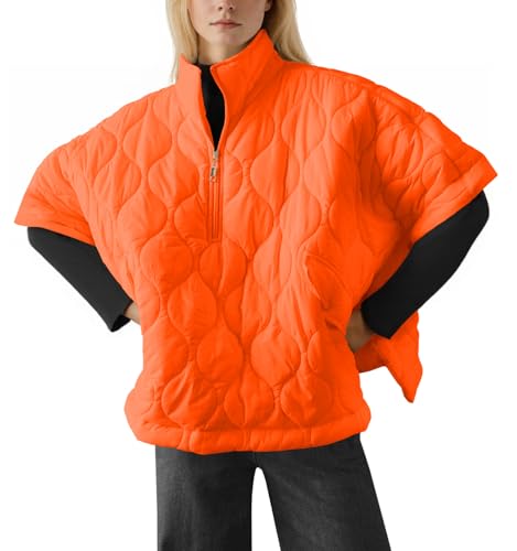 Fazortev Damen Puffer Poncho Pullover Steppjacke Kurzarm Halber Reißverschluss Mantel Cape Oberbekleidung, Orange/Abendrot im Zickzackmuster (Sunset Chevron), M von Fazortev