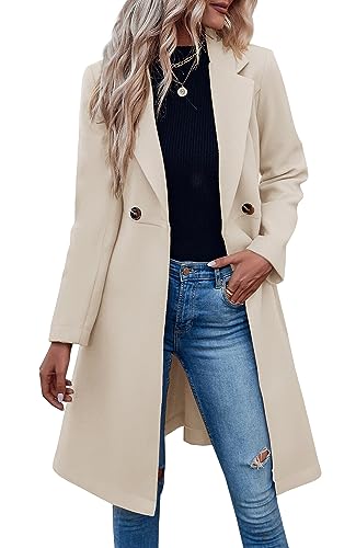 Fazortev Damen-Trenchcoat mit gekerbtem Revers, zweireihig, Gürtel, Business-Casual-Jacke, Oberbekleidung, Beige, Small von Fazortev