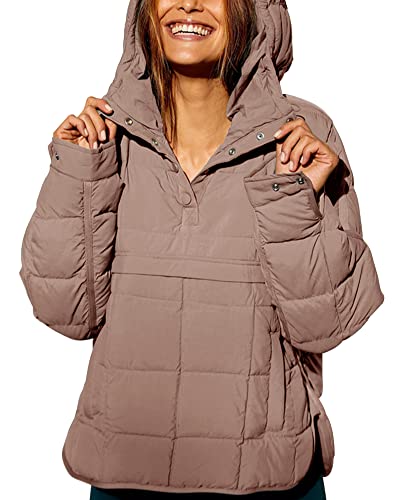 Übergroße Pufferjacke für Damen, gesteppt, Dolman-Kapuzenpullover, langärmelig, leicht, warm, khaki, Small von Fazortev