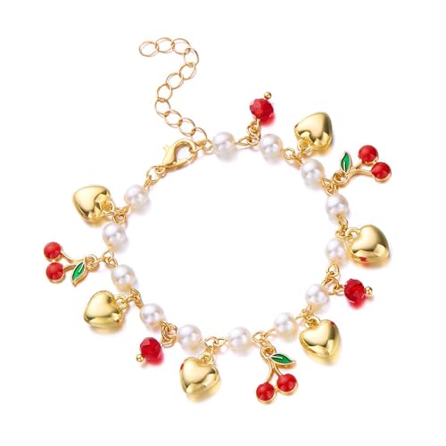 Schöner Modeschmuck für Frauen mit Erdbeer-Kirschen, Herz und Perlen, süßer Stil, as shown, Metall von Fazvncv