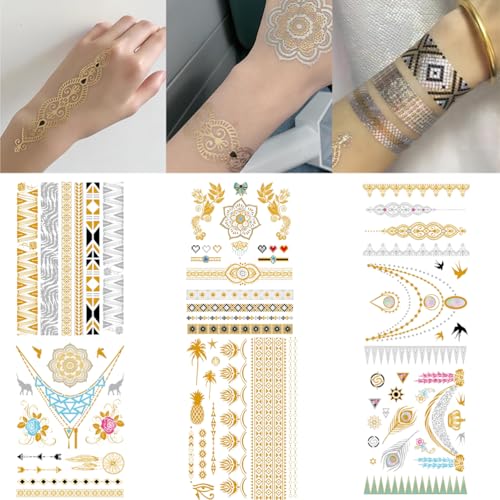 Fc'Noqgn 6 Glitzernde Temporäre Tattoos Gold Wasserdicht Mehrere Muster Teen Party Zubehör von Fc'Noqgn