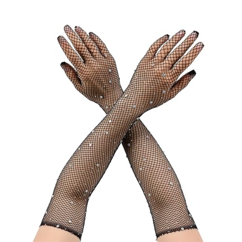 1 Paar lange schwarze Damen-Fischnetzhandschuhe mit funkelnden schwarzen Strasssteinen, Fashion Opera Handschuhe für Kostümpartys Halloween Cosplay Zubehör von Fc'Noqgn