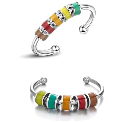 Fc'Noqgn 2 STÜCKE Anti Stress Ring Damen Silber Anti-Stress Ring Farbtropfen Öl zur Dekompression Damen Ring Einstellbare Öffnung von Fc'Noqgn