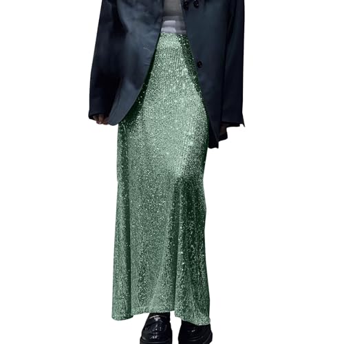 Fccrian Damen Gold Pailletten Rock - Flowy Rock Hohe Taille Ausgestellter Rock Lange Slim Fit Party Outfits, mintgrün, L von Fccrian