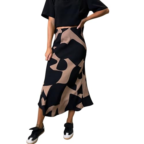 Fccrian Damen-Midirock im Boho-Stil, elastisch, hohe Taille, A-Linie, Swing-Strand-Midirock, Pudelröcke für Frauen, Schwarz , XXL von Fccrian