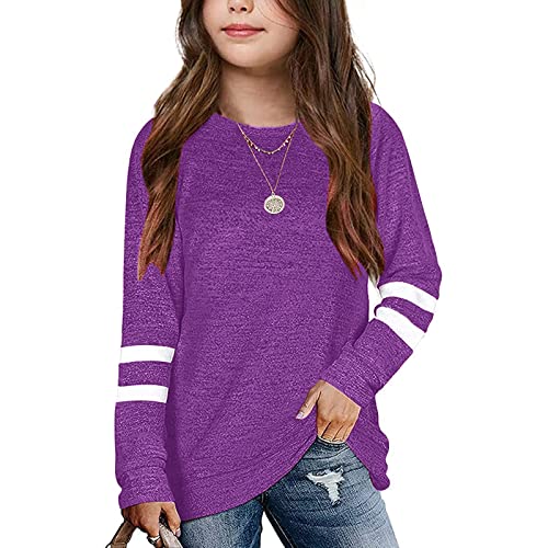 Fccrian Kinder Mädchen Tops Rundhalsausschnitt Weich Gestreift Langarm Bequem Lässig Pullover Sweatshirt für Kinder Kleinkind Top Neutral (Lila, 12-13 Jahre) von Fccrian