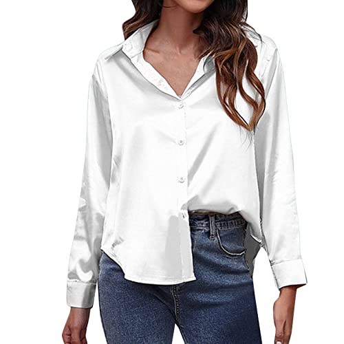 damen businessbluse satin bluse damen rundhals hemd damen businesshemd loose fit langarm leichte tunika kragen knopfleiste casual büro businesshemd businessbluse, Weiß, L von Fccrian