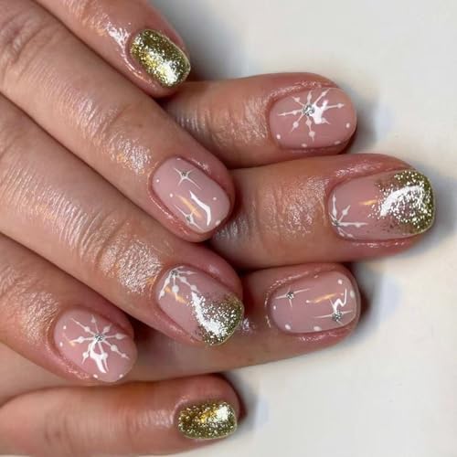 24 Stück Weihnachts Kunstnägel Schneeflocken Kunstnägel Vollständige Abdeckungen Zum Aufkleben Auf Die Nägel Kurzes Aufdrücken Der Nägel Für Frauen Und Mädchen von Fcnjsao