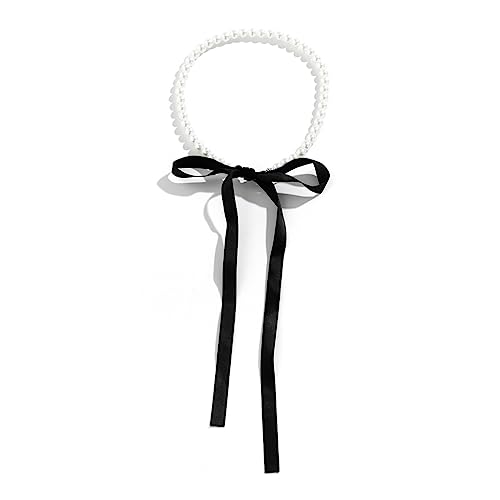 Fcnjsao Choker-Halskette für Damen, Gothic, schwarzer Samt, künstliche Perlen, elegante Kombination, Schleife, verstellbare Kette, Schmuck, Imitation Perlen + Samt von Fcnjsao