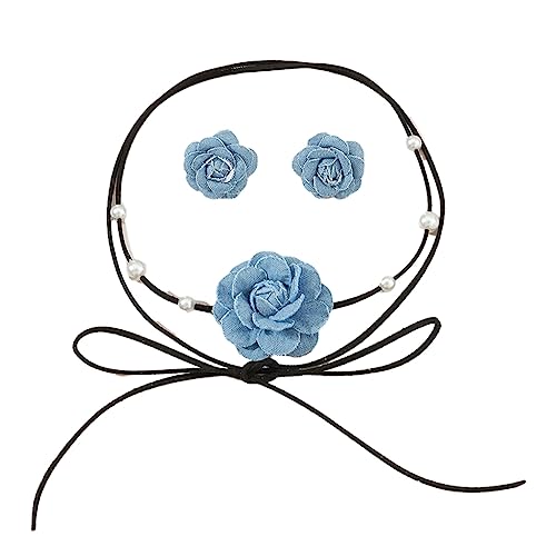 Fcnjsao Damen-Halskette, Schnürband, Halskette, blauer Stoff, Blume, Choker, Halskette, Ohrringe, Set für Damen, Modeschmuck von Fcnjsao