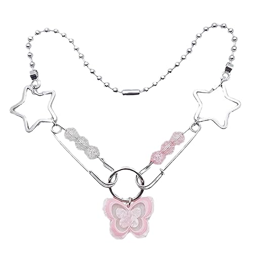 Fcnjsao Damen-Halskette, süßer, cooler Stern-Schmetterling-Anhänger, Halskette, Temperament, Schlüsselbeinkette, modisches Halsband, Halskette, Schmuck, Choker, Legierung und Acryl von Fcnjsao