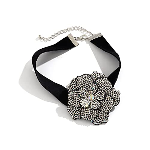 Fcnjsao Damen-Halskette, übertriebener großer Strass, Blume, kurzes Choker-Armband für Frauen, Gothic, elegant, schwarz, ästhetischer Schmuck, Beflocktes Tuch + Strass-Blumen von Fcnjsao