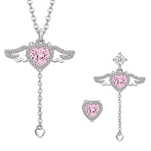 Fcnjsao Damen-Halskette, winkender Flügel, Kristall, Herz-Anhänger, Halskette, Ohrringe für Frauen, koreanischer Schmuck, Mädchen, schöne Halsketten, Metall von Fcnjsao