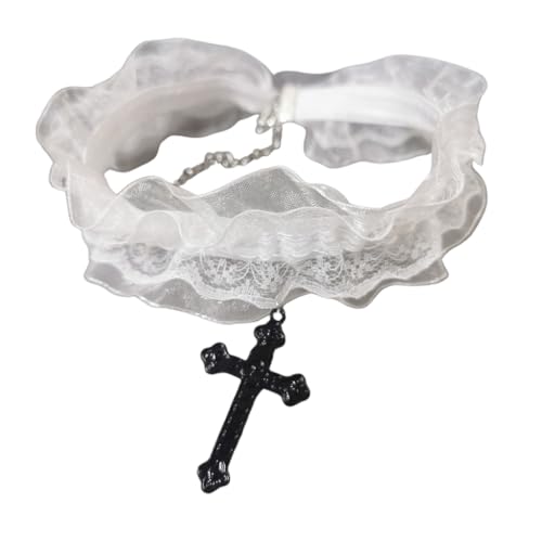 Fcnjsao Damen Halskette Doppelte Spitze Schlüsselbein Kette Elegant Kruzifix Anhänger Halskette mit Verstellbarer Kette Gothic Elastische Halsketten, Spitzenlegierung von Fcnjsao
