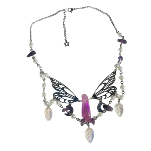 Fcnjsao Damen Halskette Handgemachte Natürliche Kristall Halskette Schmetterling Flügel Anhänger Halsketten Mehrschichtige Quasten Choker Schlüsselbein Kette, Edelstahl-Kristall von Fcnjsao