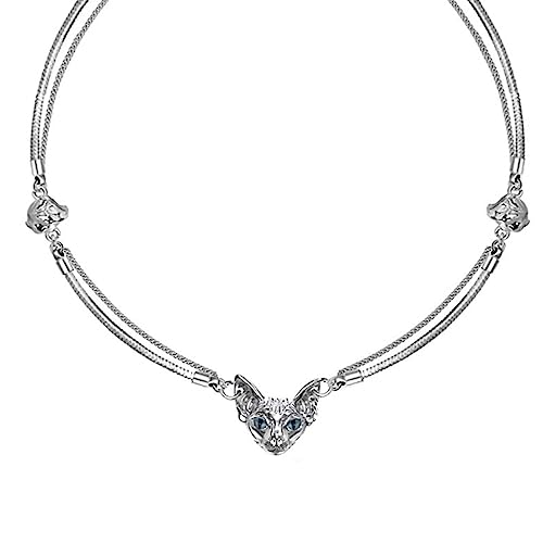 Fcnjsao Damen Halskette Koreanische Doppellagige Kette Kristall Katzenform Anhänger Halskette Ins Weiblich Einfache Kalte Hip-Hop-Kette Schlüsselbein von Fcnjsao