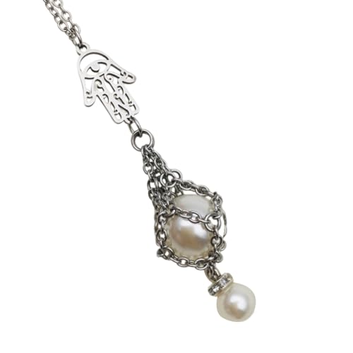 Fcnjsao Damen Halskette Schlüsselbein Kette Einstellbare Länge Mesh Tasche Anhänger Halskette Kristall Stein Halter Halskette Zubehör, Pearl style, Edelstahl, Imitationsperle von Fcnjsao
