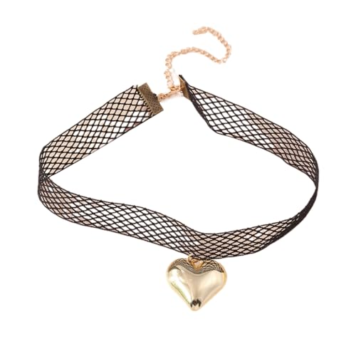 Fcnjsao Damen-Halskette Silber Gold Herz Metall Halskette Weiblich Temperament Netz Schlüsselbeinkette Student Verstellbare Kette Schmuck, C, Legierung und Spitze von Fcnjsao