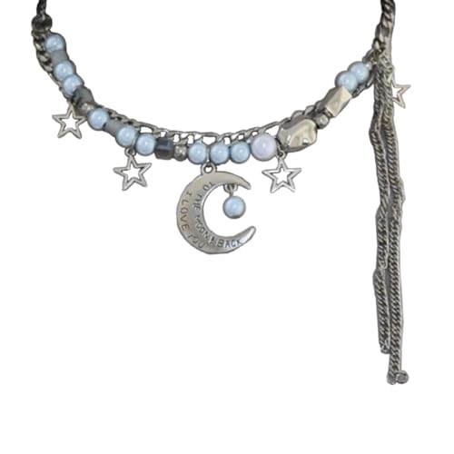 Fcnjsao Damen Halskette Weibliche Schlüsselbeinkette konkave Modellierung Stern Mond Quasten Halskette Student Einfaches Temperament Kalt Halskette von Fcnjsao