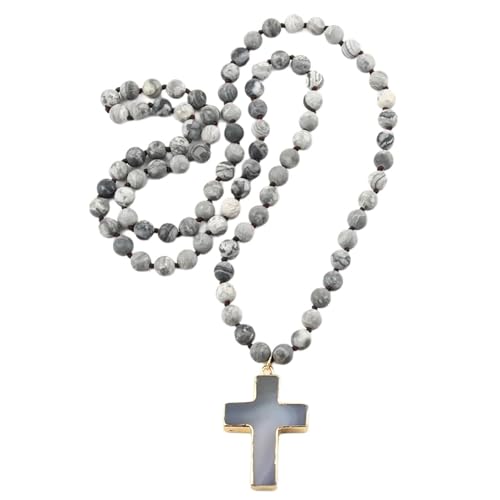 Fcnjsao Elegant Geknotete Steinkruzifix Halskette Einstellbare Länge Neckkette Mode Ethnische Schlüsselbeutel Kette Party Accessoire von Fcnjsao